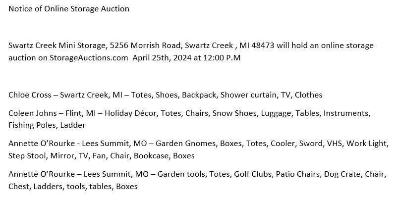 Storage auction in Swartz Creek, MI